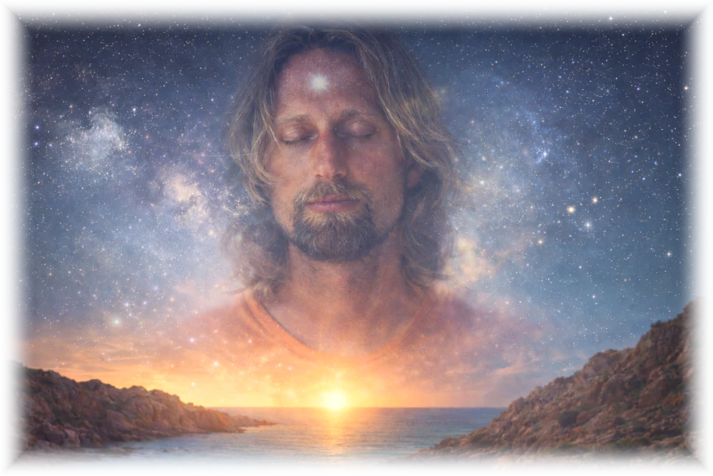 Symbolische Darstellung einer Seelenreise mit Sonnenaufgang über dem Meer.